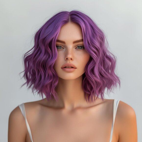 Short Wavy Purple Wigs for Women 14 Inch Middle Part Shoulder Length Bob